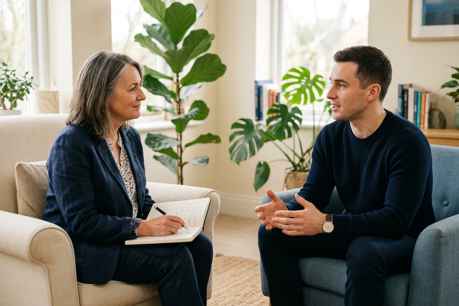 A coach and a client in conversation in armchairs in a calm, bright room