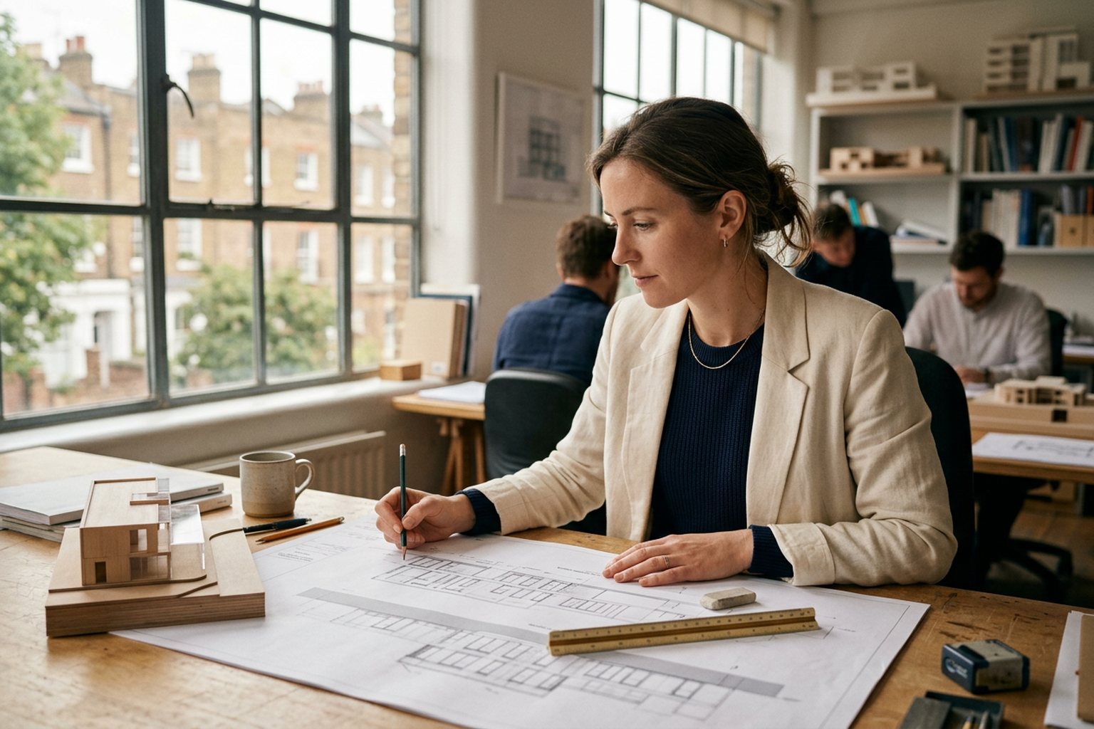 An architect reviewing printed building drawings at a studio desk