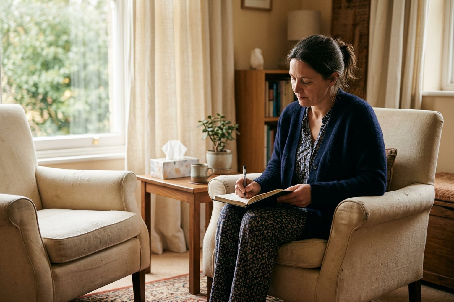 A counsellor writing reflective notes in a calm therapy room after a session