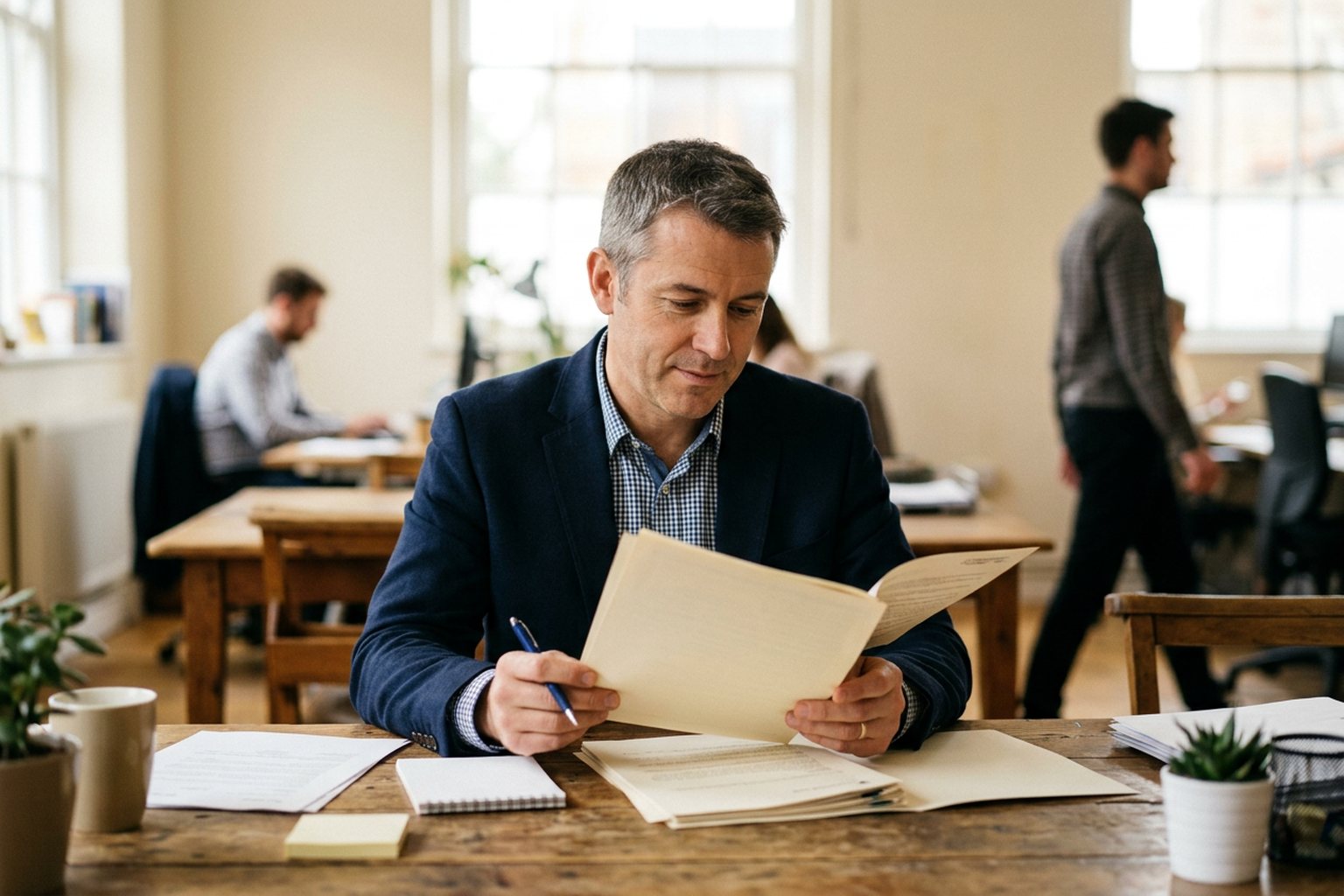 An insurance broker reviewing a printed policy document at his office desk