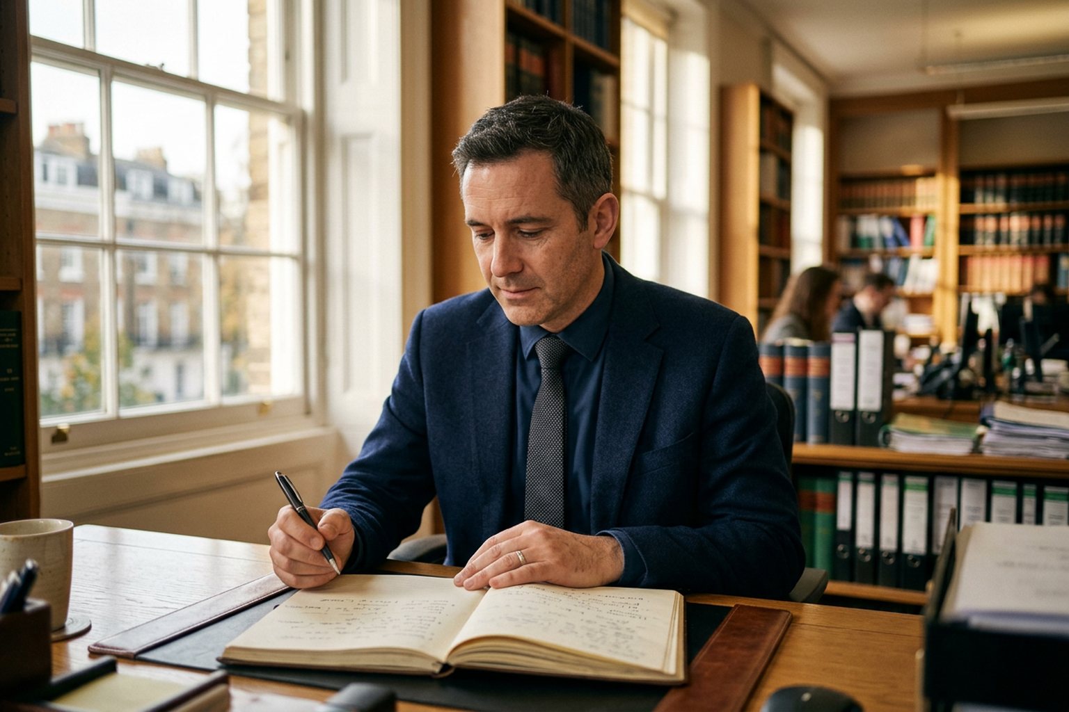 A legal executive reflecting over an open notebook at a desk in a law library