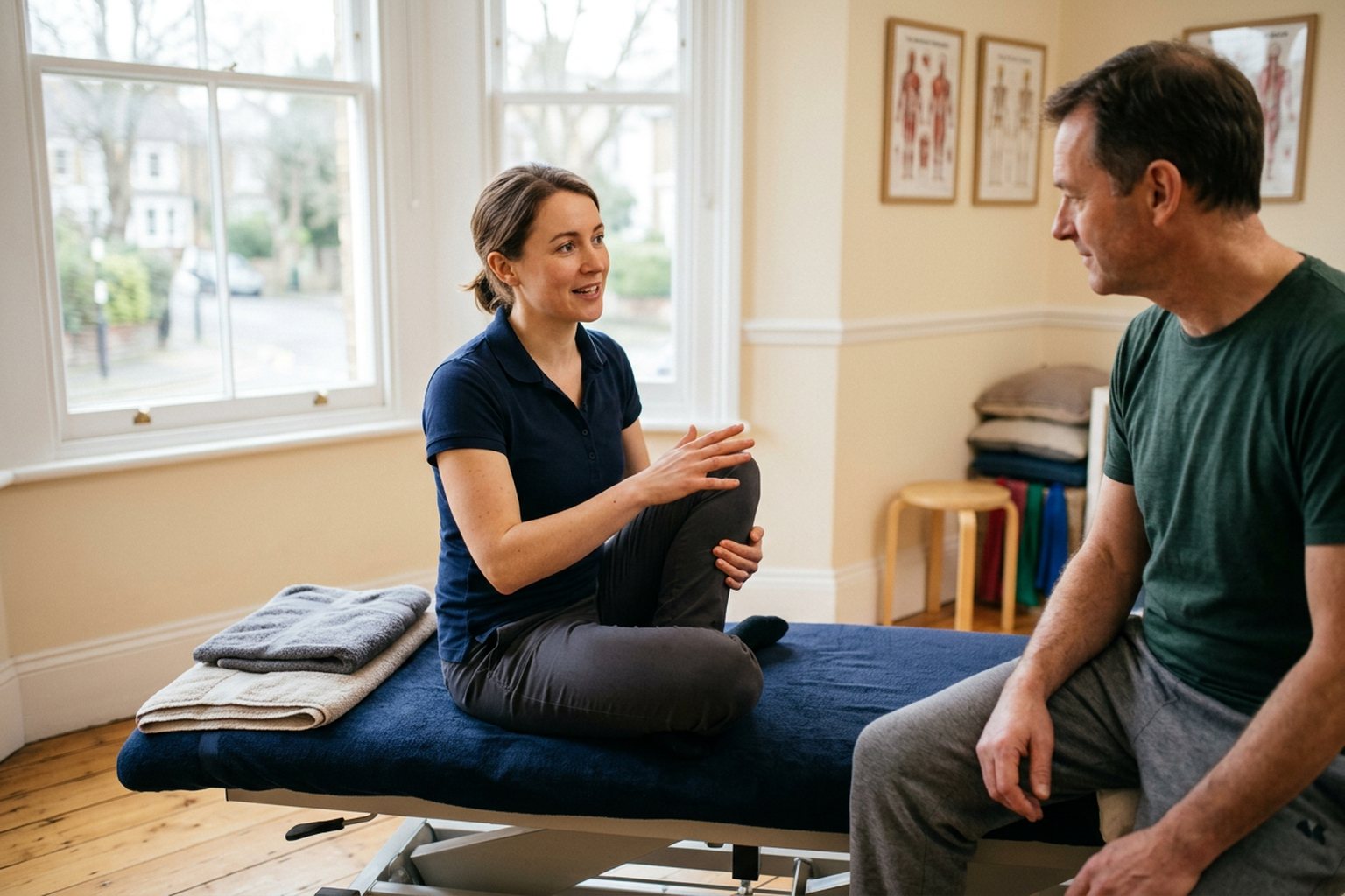 A physiotherapist demonstrating a movement beside a treatment plinth in a bright clinic