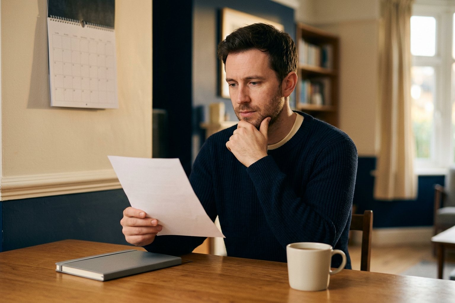 A professional at a home desk looking at a letter with a thoughtful, composed expression