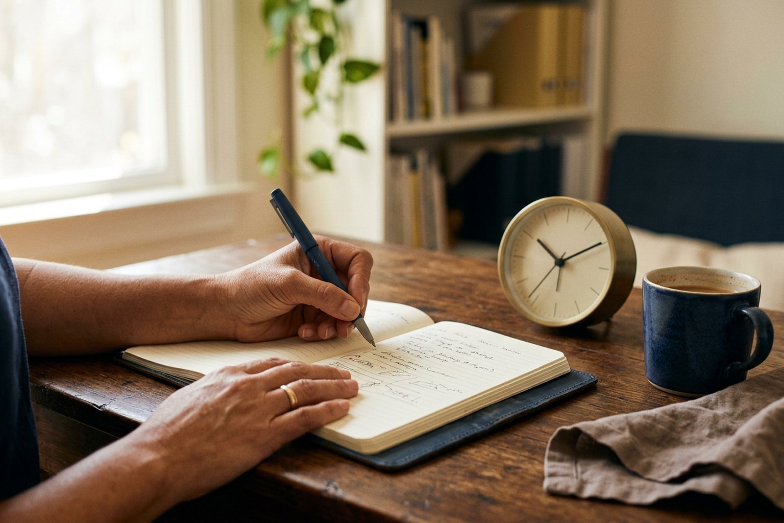 A professional writing in a notebook beside a desk clock and a cup of coffee
