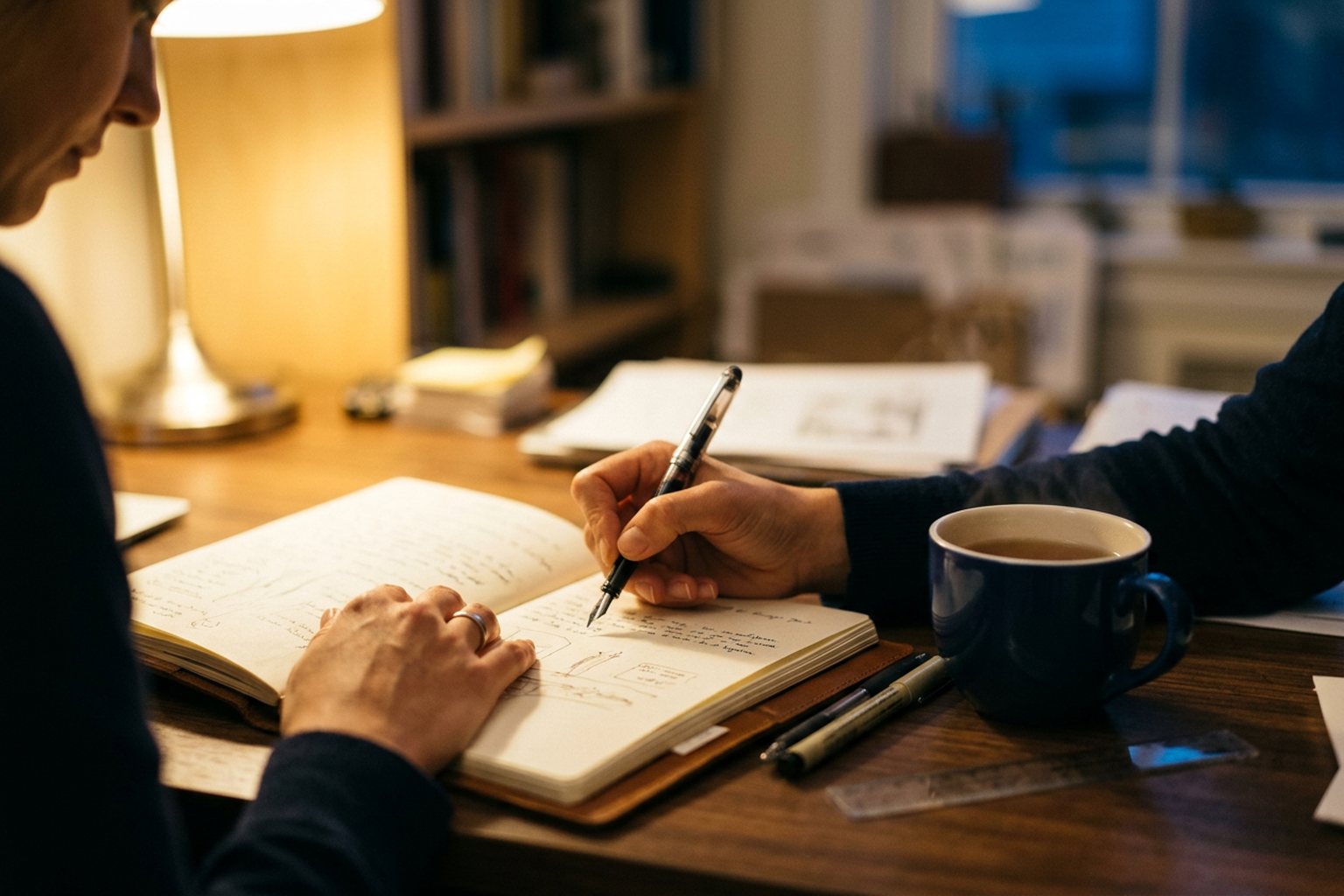 Close-up of a professional's hands writing in an open notebook at a wooden desk