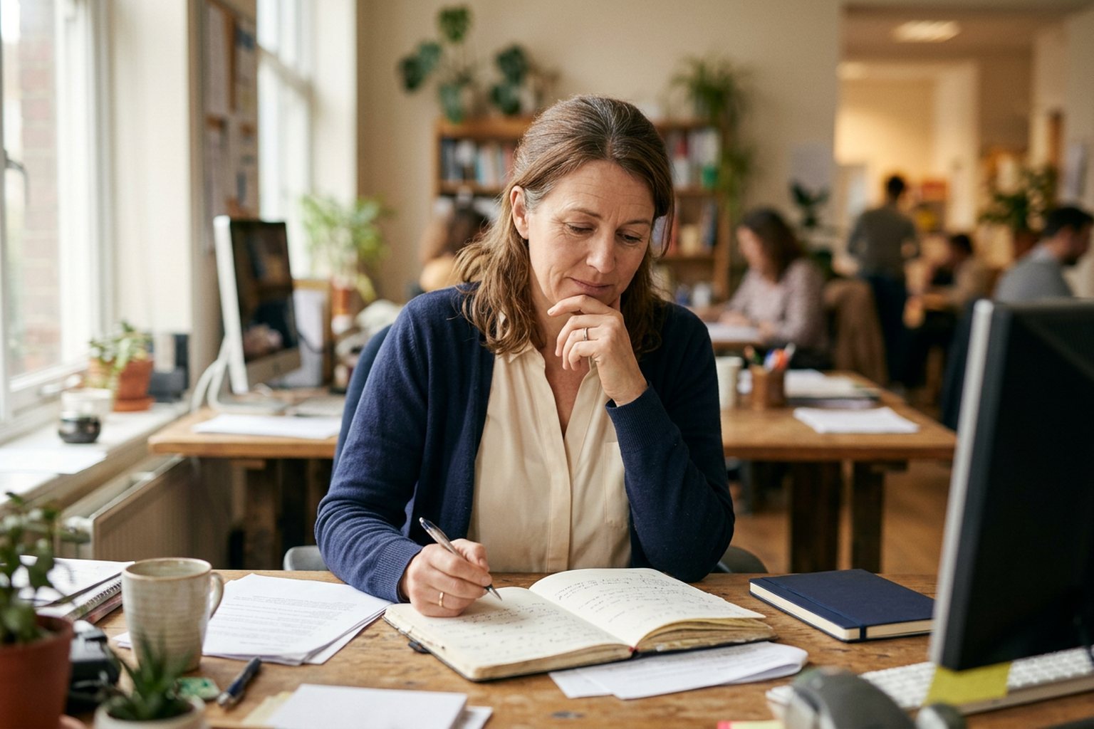 A social worker reflecting over an open notebook at a desk in a community office