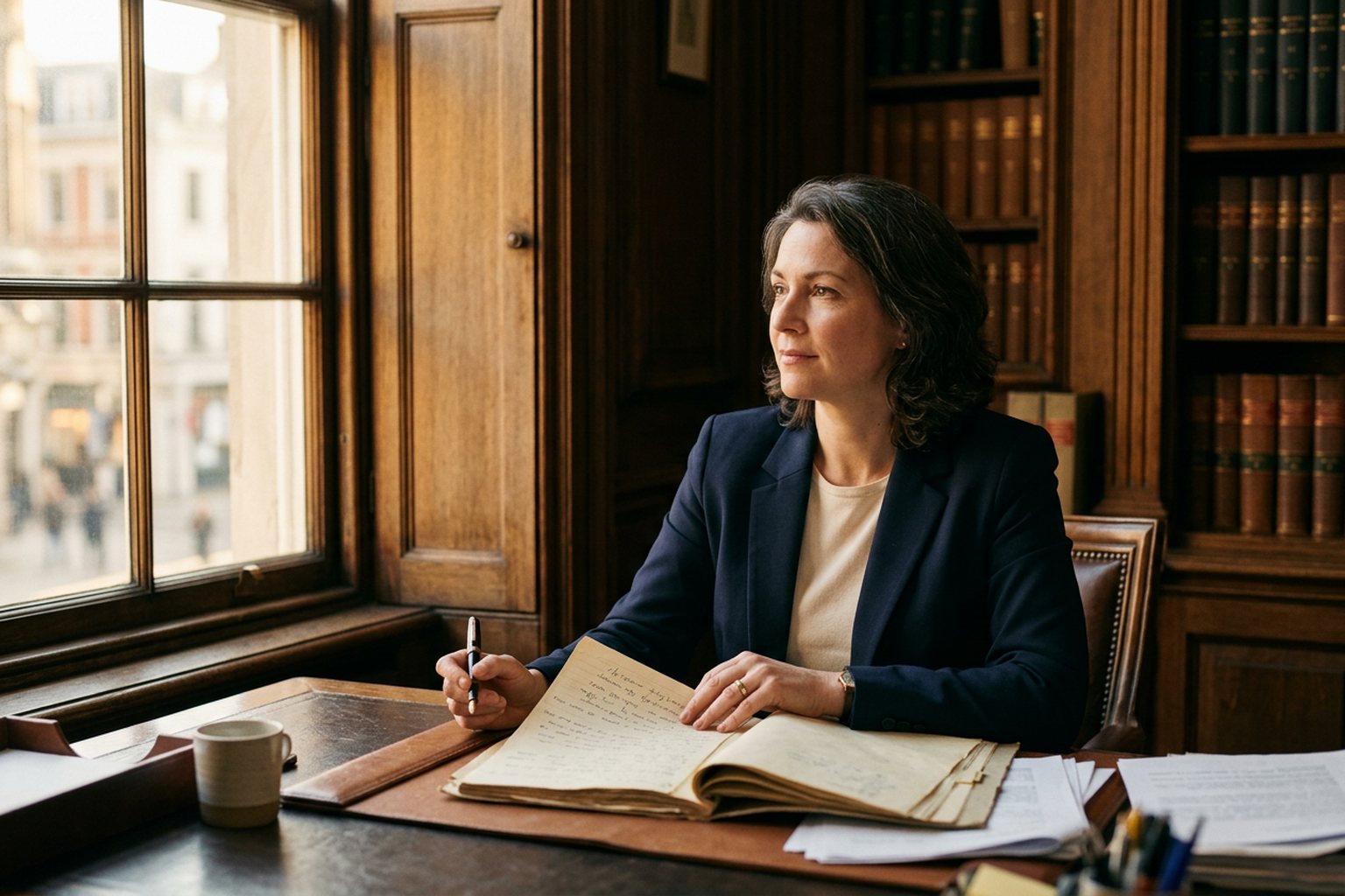 A solicitor pausing in thought over an open file at a desk by a tall window