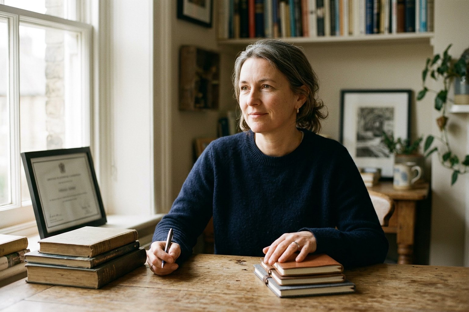 A professional at a desk with a framed certificate beside a stack of notebooks