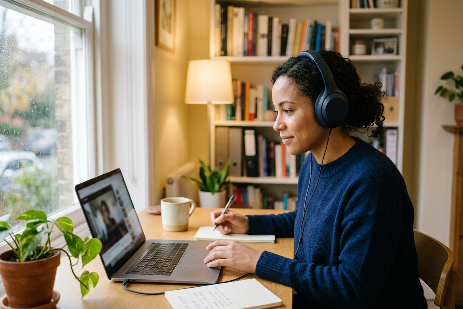A professional taking an online training course on a laptop at a home desk, wearing headphones