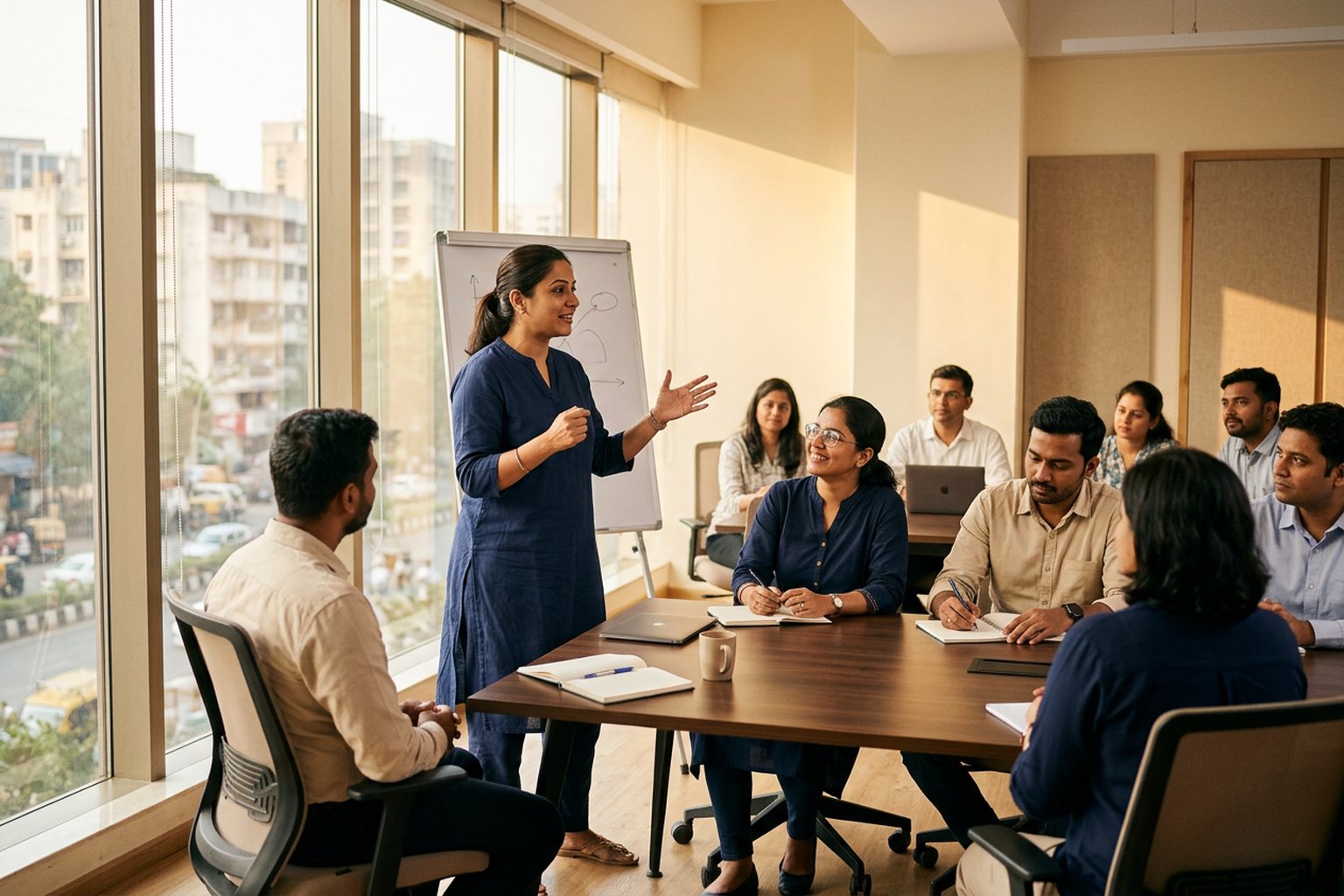 A facilitator leading a professional development session in a city office in India
