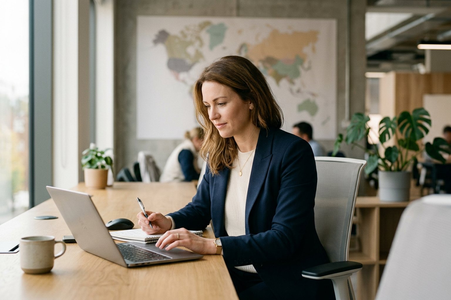 A professional reviewing training materials on a laptop with a softly blurred world map on the wall behind