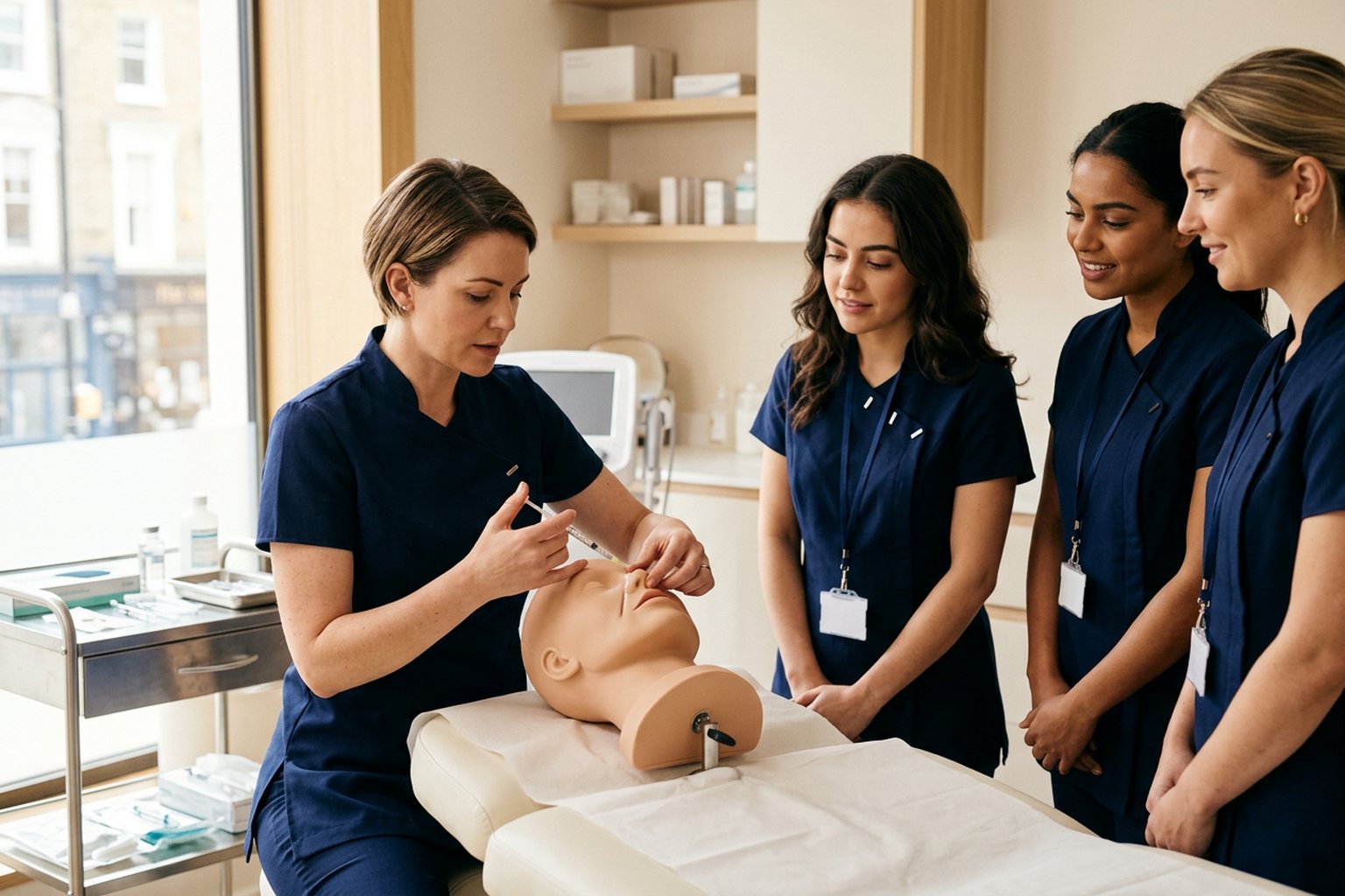 An aesthetics trainer demonstrating a technique on a training mannequin to a small group of learners