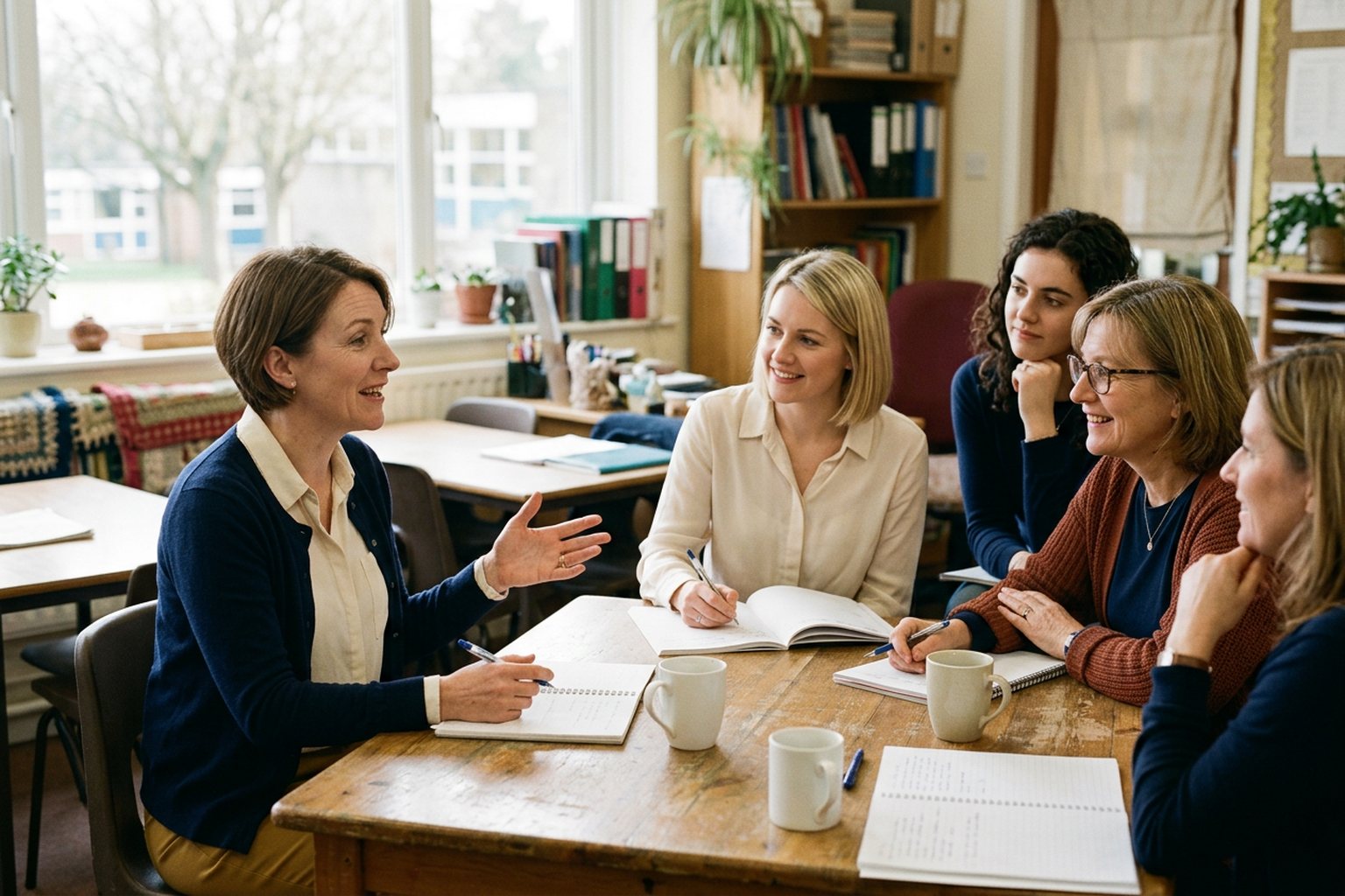 A group of teachers in a professional development session in a school staff room