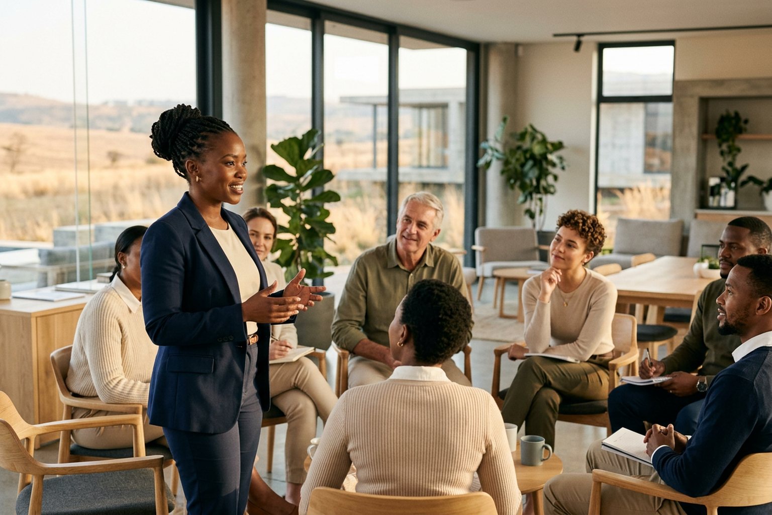 A workshop facilitator addressing a professional group in South Africa