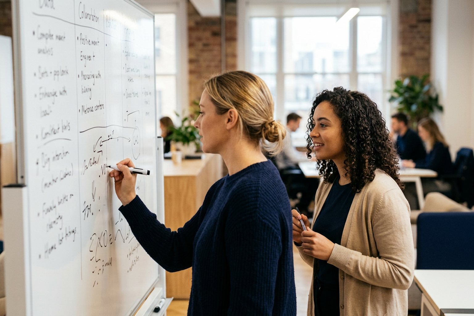 Two colleagues drawing up a comparison of accreditation criteria on a whiteboard