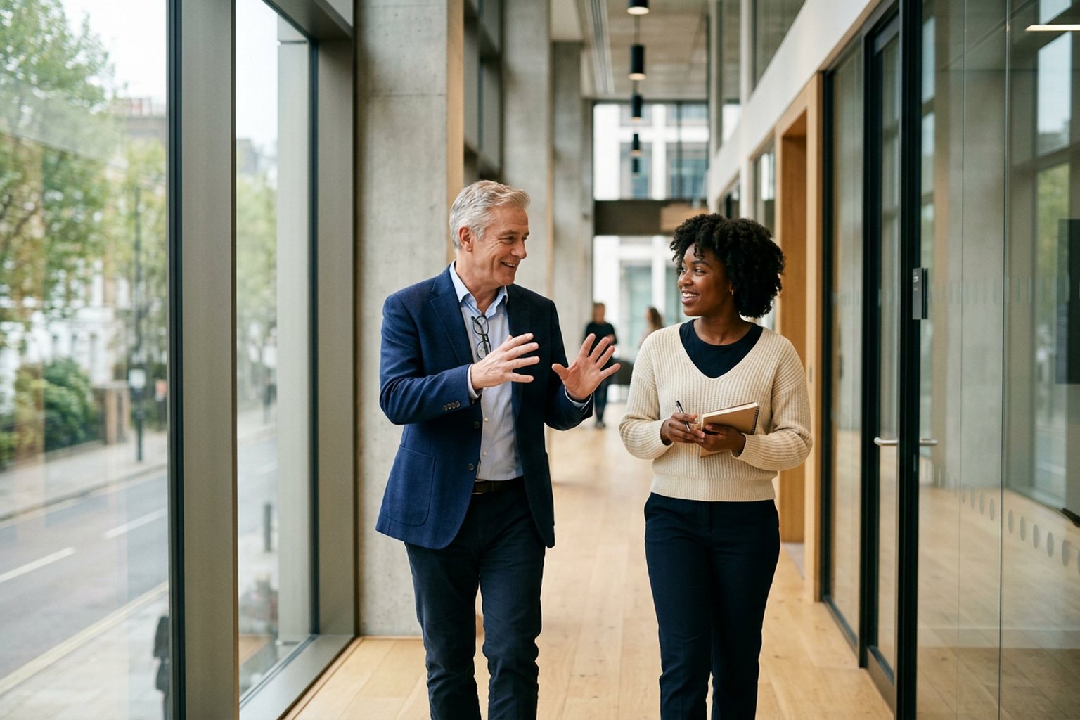 A senior mentor talking with a junior colleague as they walk along an office corridor