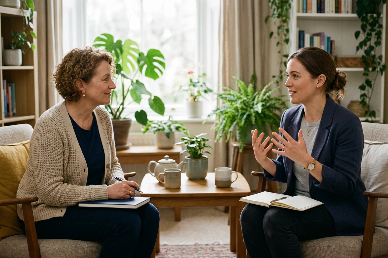 Two counsellors in a clinical supervision session in a quiet, plant-filled room
