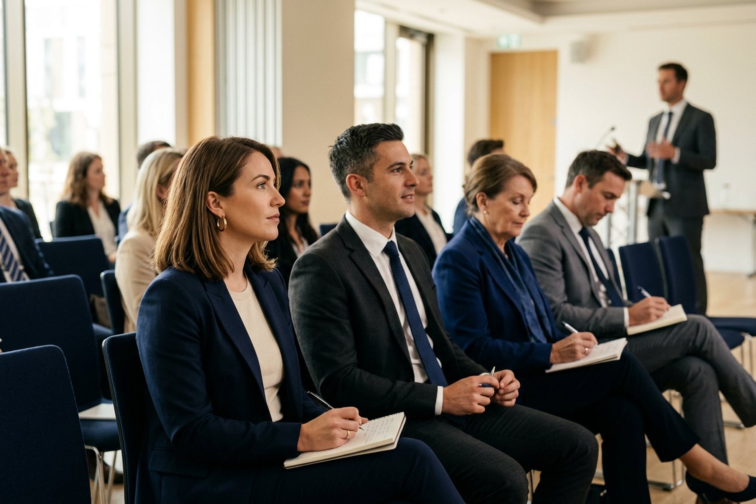 Financial services professionals taking notes at a seminar in a conference room
