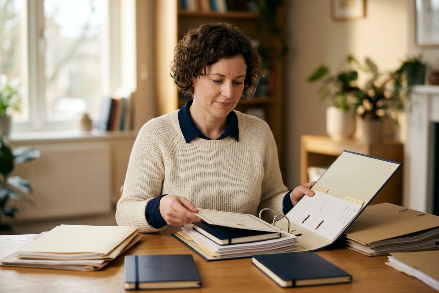 A professional organising certificates and notebooks into a labelled ring binder