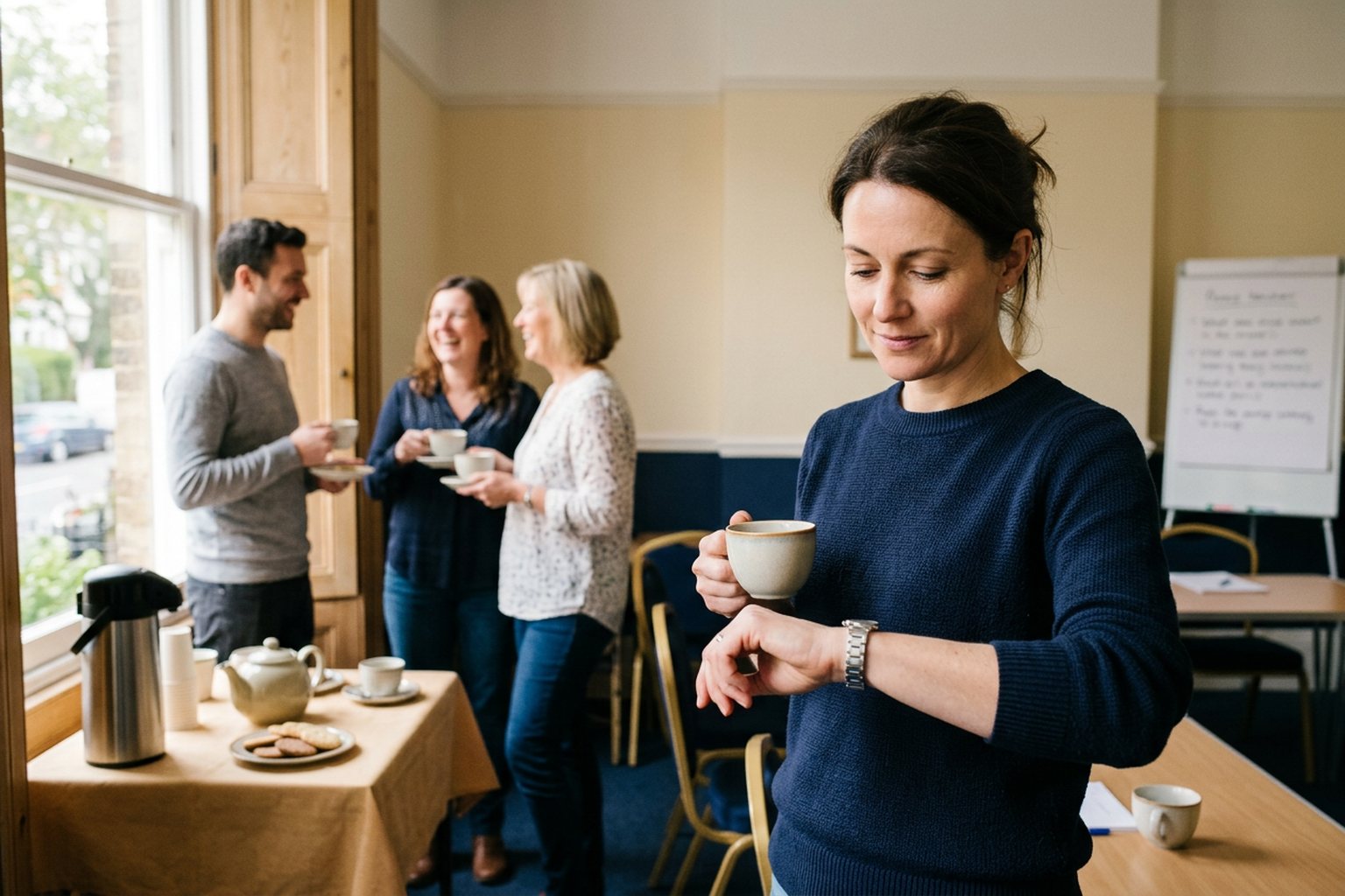 A learner checking her watch during a coffee break at a training course