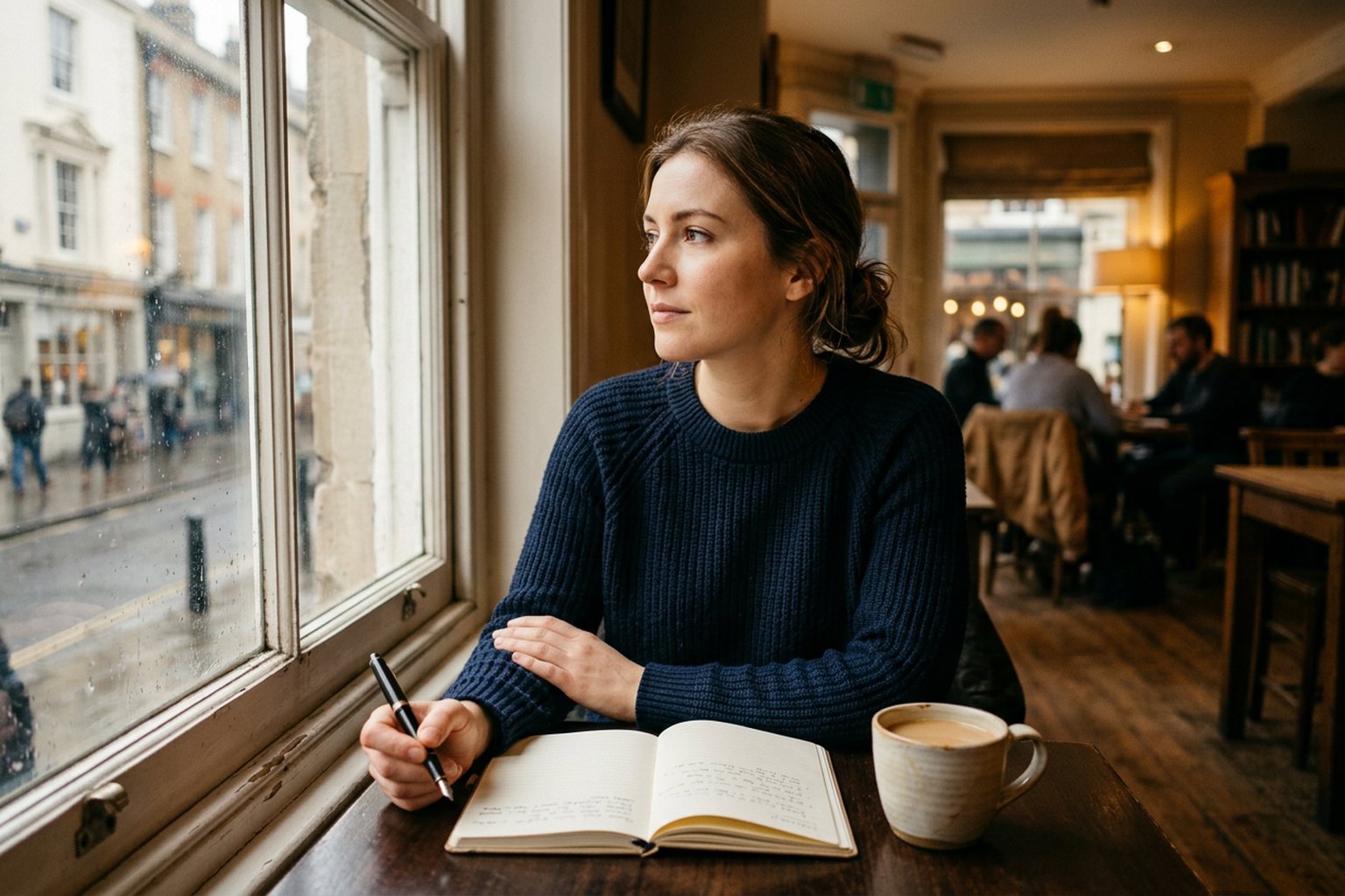 A professional sitting alone at a cafe table with a journal open, looking thoughtfully out of a window