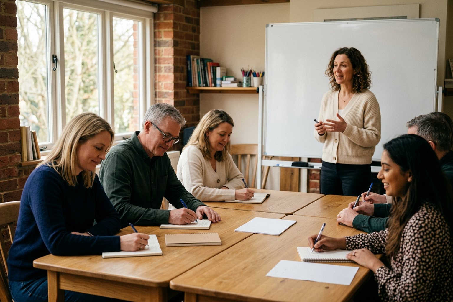 Adult learners taking handwritten notes in a small workshop led by an instructor