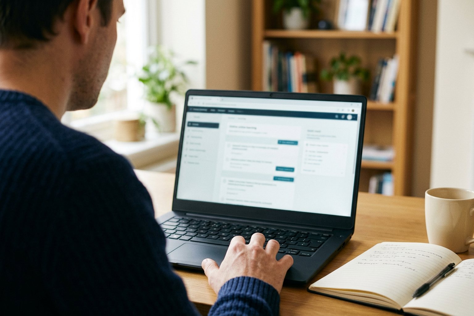A person working through an online learning module on a laptop with a notepad beside it