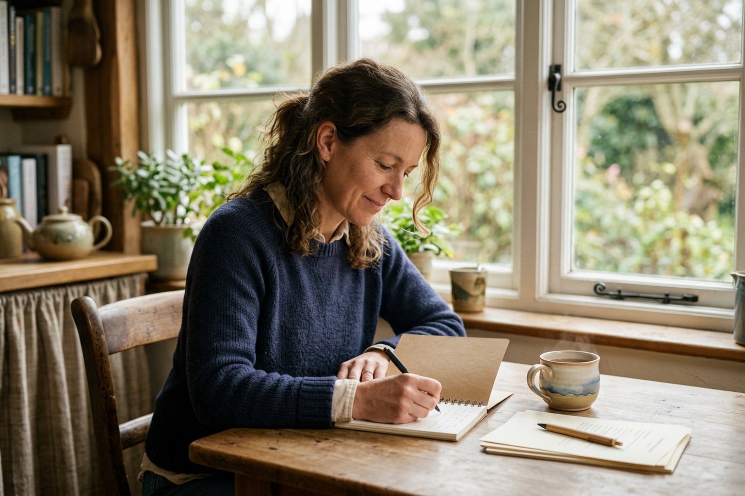 A trainer handwriting course notes at a home desk beside printed handouts and a mug of tea