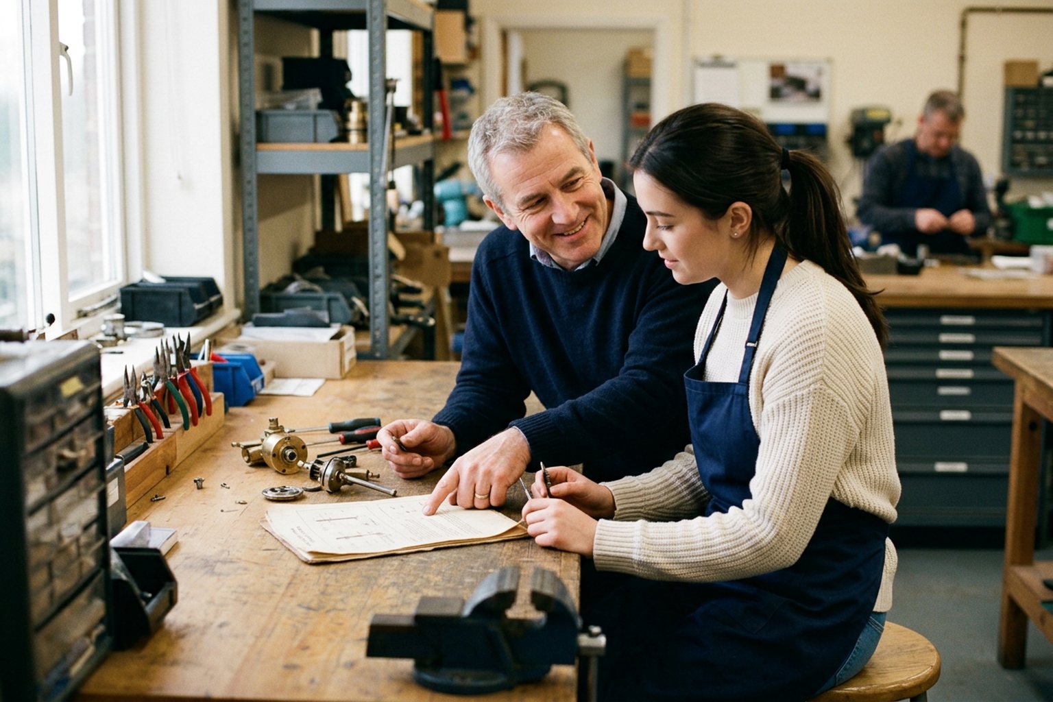 A senior employee coaching a newer colleague one-to-one, pointing to a printed procedure sheet together