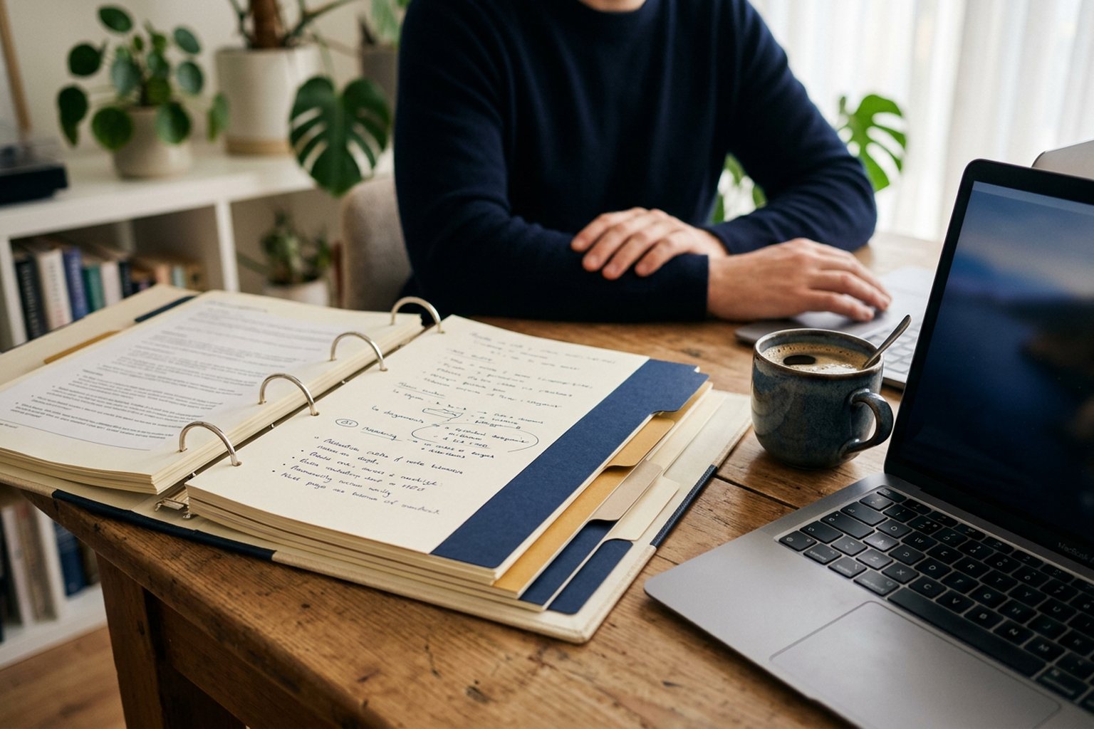 An organised ring binder with tabbed dividers open on a desk beside a laptop and a cup of coffee