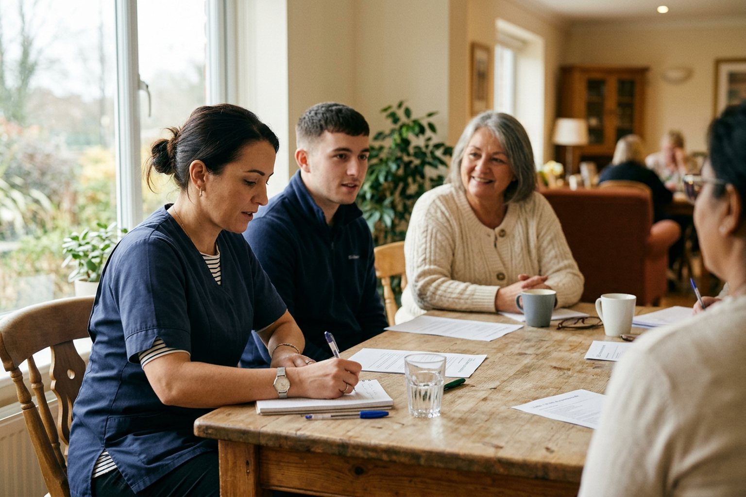 Care staff and residents reviewing training records around a table in a care home lounge