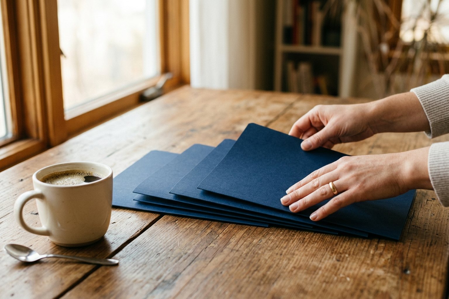 Hands arranging five identical navy folders in a neat row on a wooden desk